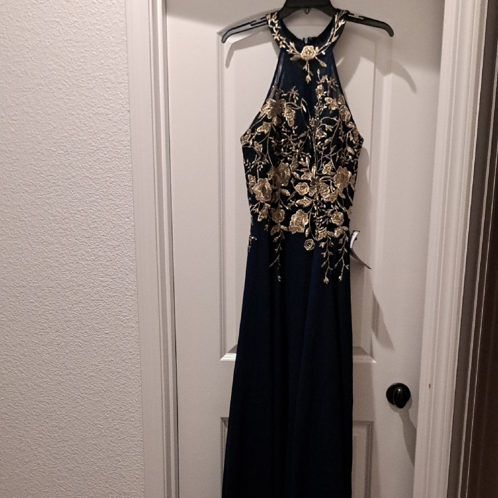 Elegant Navy and Gold Embroidered Women's Dress
